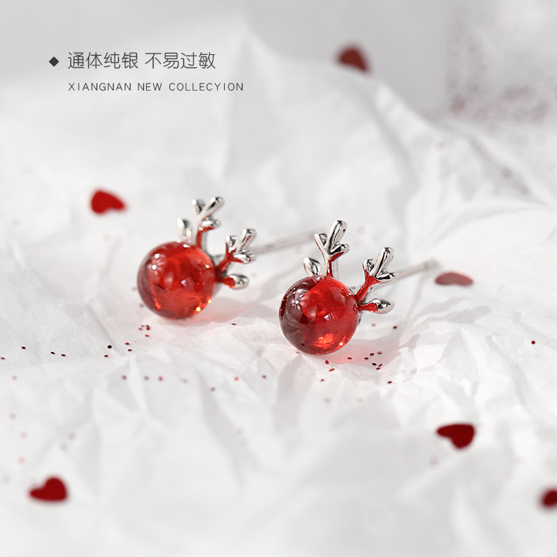 XIGN Pomegranate Stone Ear Pin 925 Pure Silver Brief About Cute Stay Cute Elk Corner Ear Decoration Japan-ROK Teen Temperament Ornament