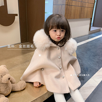 Doudou mother childrens woolen polka dot mesh skirt fur collar cloak coat hairball cardigan coat