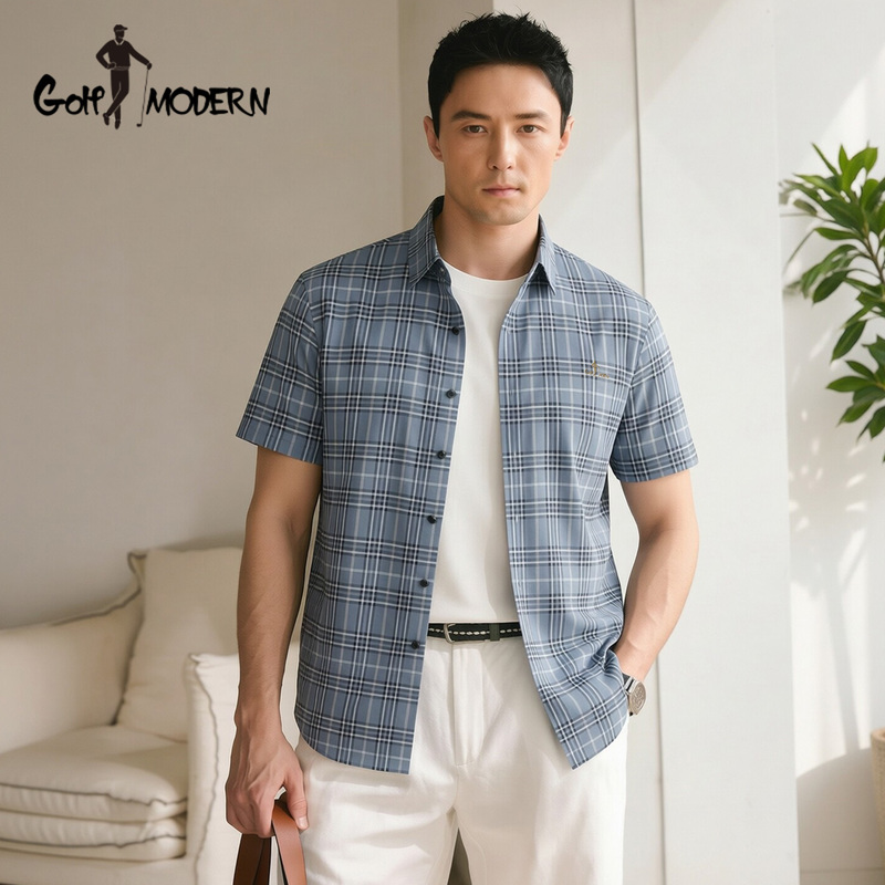 Golf Modern Men's Summer Plaid Shirt with Drape Effect, Seamless, Versatile for Daily Wear, Short Sleeve T-Shirt Golf Modern Men's Summer Plaid Shirt with Drape Effect, Seamless, Versatile for Daily Wear, Short Sleeve T-Shirt