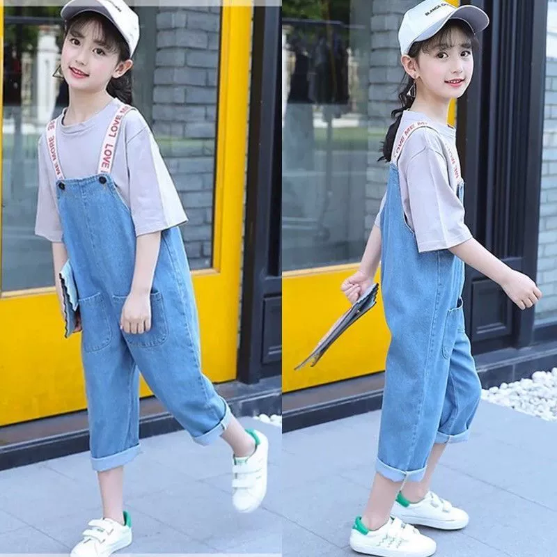 Quần dài bé gái, quần yếm denim, kiểu dáng mới trẻ em xuân thu, bé trai, bé gái, quần ống rộng phong cách hàn quốc, quần áo trẻ em - Quần jean