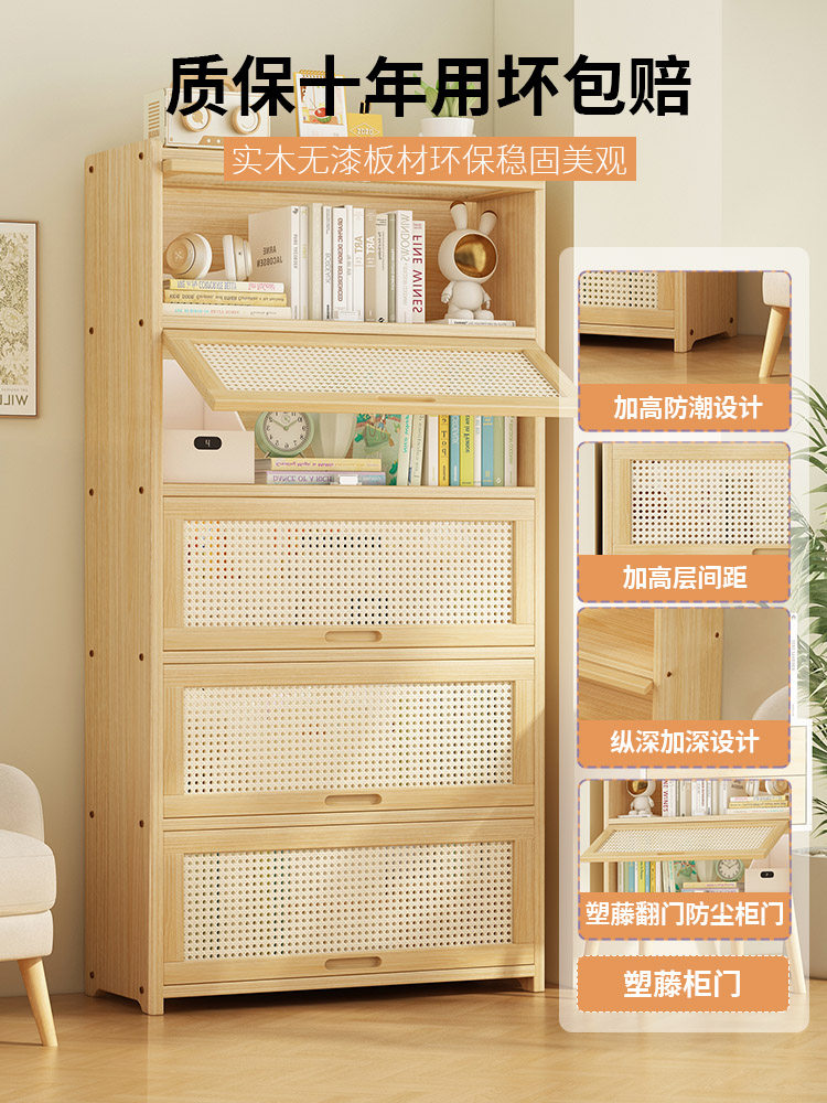 Children's Solid Wood Bookcase, Household Floor-Standing Multi-Functional Storage Rack, Multi-Layer Large-Capacity Bookshelf with Door, Dust-Proof Storage Cabinet