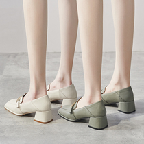 High heel shoe woman coarse heel 2022 spring style Inn wind small leather shoes retro heel with single shoe woman 100 lap header Lefu shoes