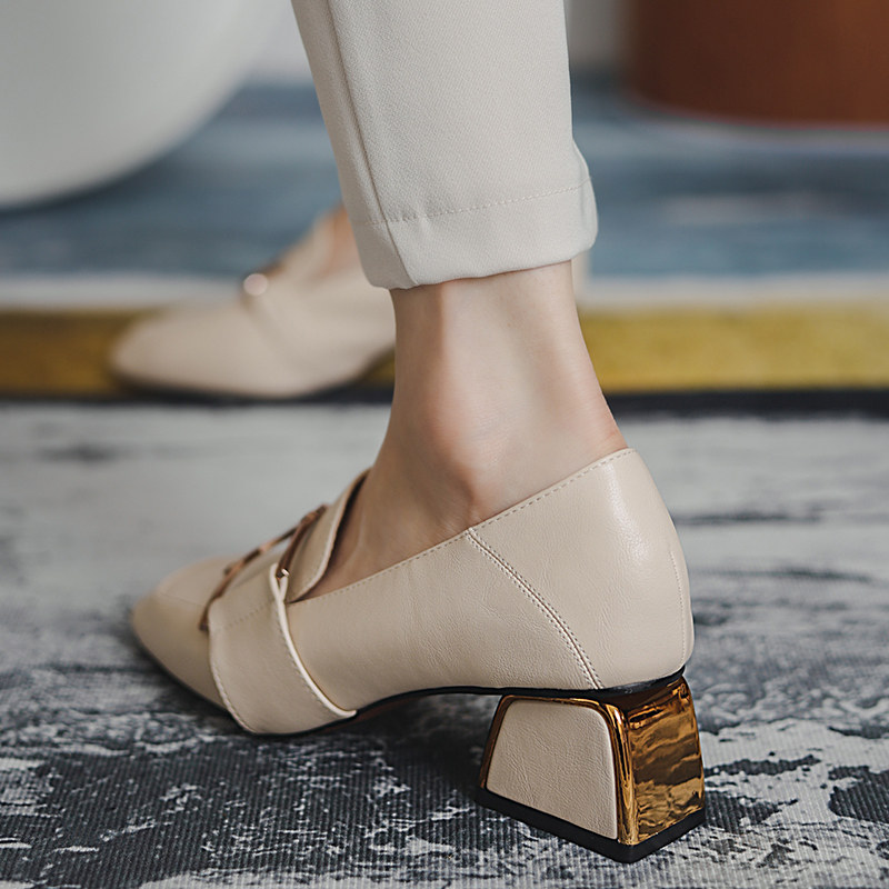 Small fragrance style small leather shoes women's autumn 2022 new loafers net red high heels women's thick heels all-match square toe shoes women