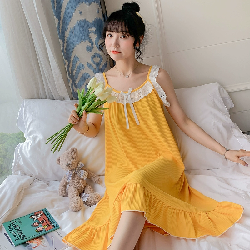 Váy ngủ cotton sexy nữ mùa hè 2020 phong cách mới có thể mặc bên ngoài lưới sinh viên màu đỏ dễ thương địu đơn giản đồ ngủ tại nhà - Đêm đầm