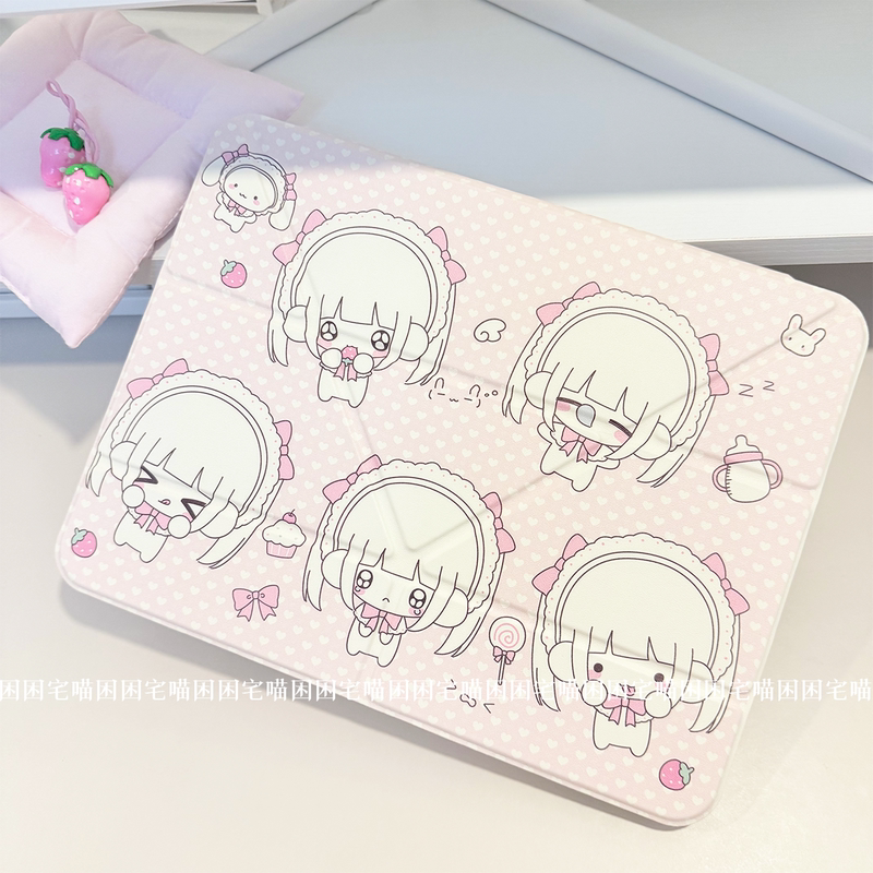 Original Design by Ququnzhaiyou: Cute and Lightweight Protective Case for Rabbit Bear Girl in Two-Dimensional Style, Acrylic 3+Y Foldable Magnetic Integrated Design, Anti-Bending, with Pen Slot, Anti-Bending, Anti-Drop Tablet Case