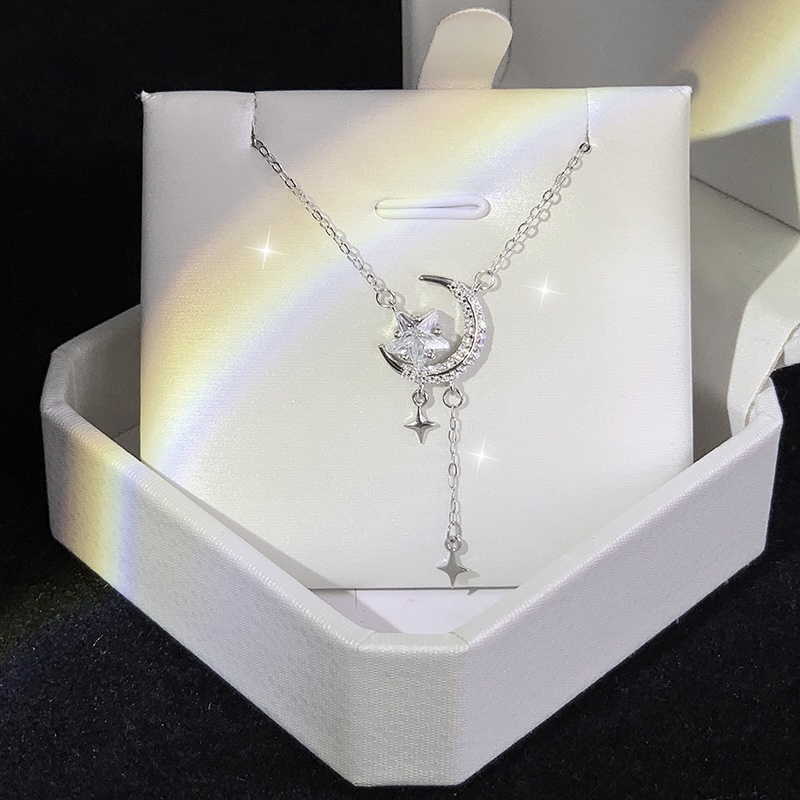 Pure Silver S999 Star and Moon Tassel Sterling Silver Necklace for Women, New Light Luxury Niche High-End Silver-Plated Clavicle Chain for Girlfriend or Best Friend