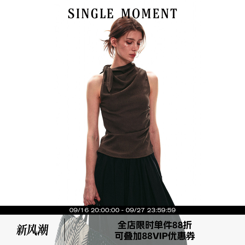 Single Moment 26Ss Summer French Lace-Up Stacked Collar Sleeveless Vest Slim Fit Elegant Top for Women