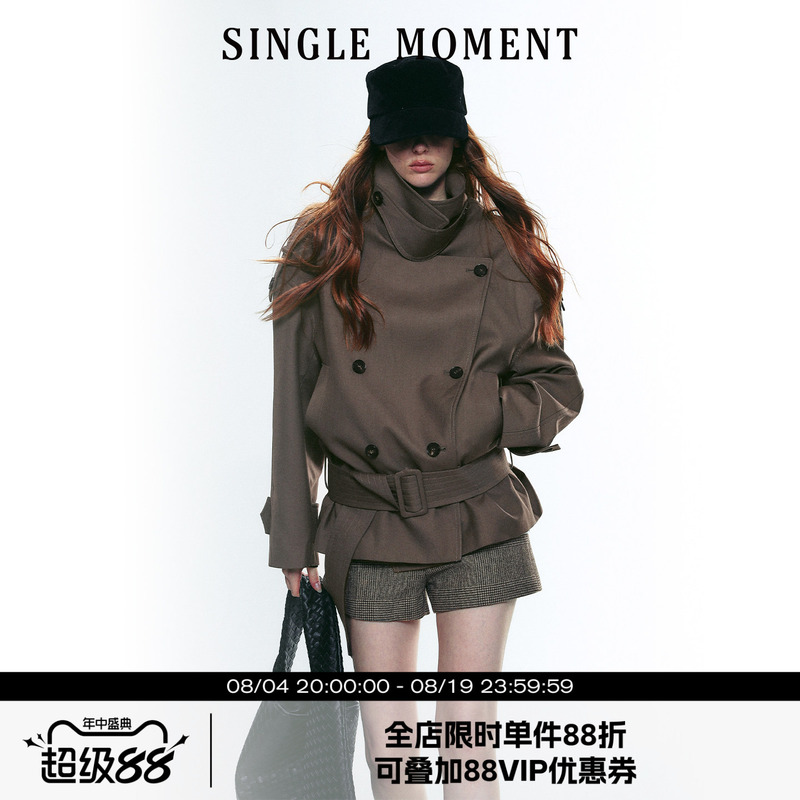 Single Moment 25Aw French Retro Style High Collar Wide Shoulder Short Double-Breasted Belted Trench Coat for Women