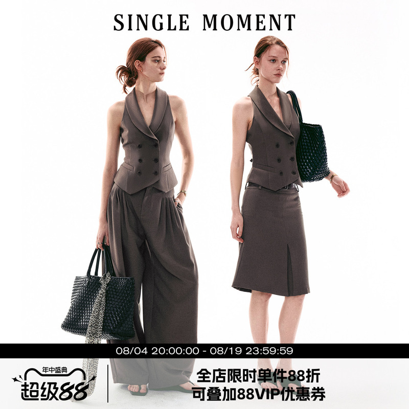 Single Moment 26Ss French Retro Green Fruit Collar Double-Breasted Slim-Fit Blazer Vest and Trousers Suit for Women