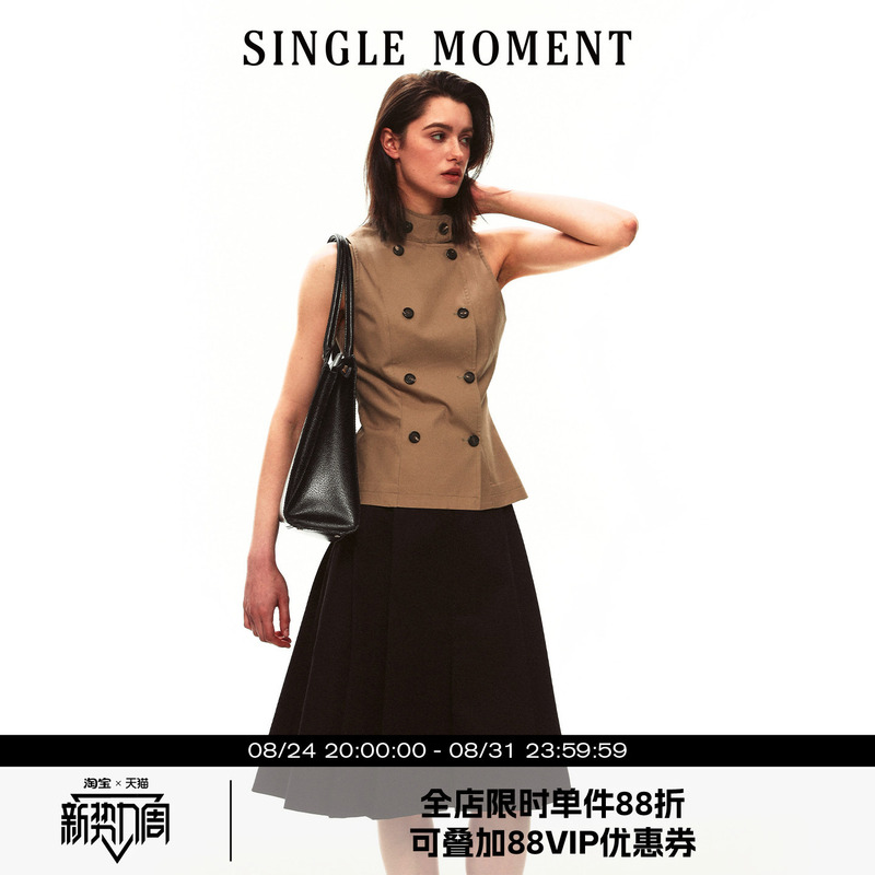Single Moment 26Ss Summer French Fashion Half-High Collar Double-Breasted Sleeveless Top Short Vest for Women