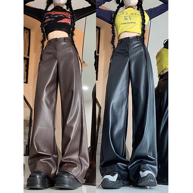 Plus-Size Black Straight-Leg Leather Pants for Women, High-Waisted, Loose Fit, Slimming Wide-Leg Style, Trendy for Petite Figures, Pu Leather Floor-Length Pants