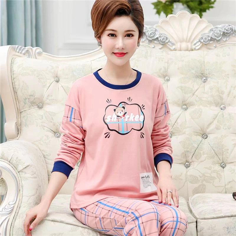 Bộ đồ ngủ cho người già nữ xuân thu cộng phân size 200 kg dài tay cotton tinh khiết mẹ chồng trung niên cao tuổi mùa hè - Pyjama