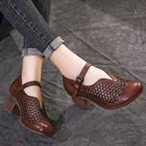 20 summer new genuine leather original grazed retro Roman shoe coarse heel-round hollowed-out and breathable dongle shoes in heel sandals