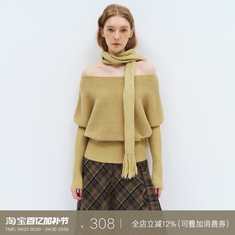 Someone Sometimes Arctic Velvet Batwing Sleeve Ribbed Knit Sweater with Cable Knit Tassel Scarf