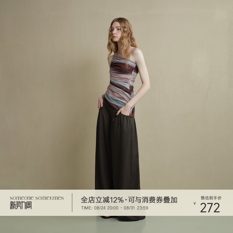 Someone Sometimes Soft Breathable Pocket Pleated Design Loose Wide-Leg Pants Women's Brown Casual Pants Someone Sometimes Soft Breathable Pocket Pleated Design Loose Wide-Leg Pants Women's Brown Casual Pants