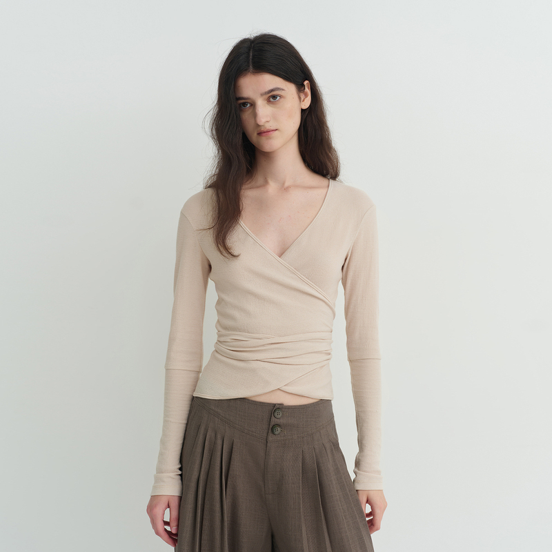 Someone Sometimes Wave Texture Overlapping V-Neck Top with Wrap-Around Waist Tie and Long Sleeves T-Shirt