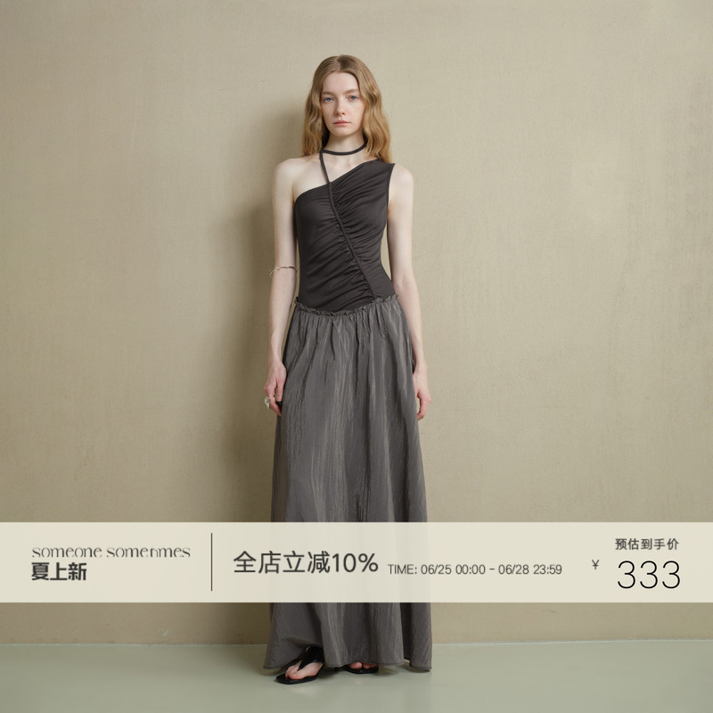 Someone Sometimes Original Asymmetrical Patchwork Color-Blocking Pleated Design One-Shoulder Sleeveless Dress