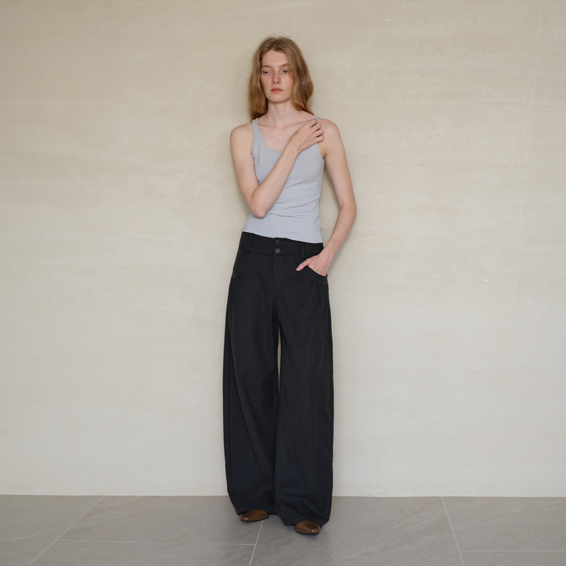 Someonesometimes Design-Inspired Curved Pocket Double-Button Waistband Scimitar Pants with Pleated Drape Wide-Leg Trousers Someonesometimes Design-Inspired Curved Pocket Double-Button Waistband Scimitar Pants with Pleated Drape Wide-Leg Trousers