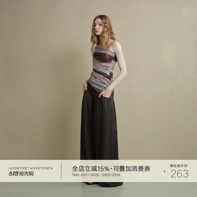 Someone Sometimes Soft Breathable Pocket Pleated Design Loose Wide-Leg Pants Women's Brown Casual Pants