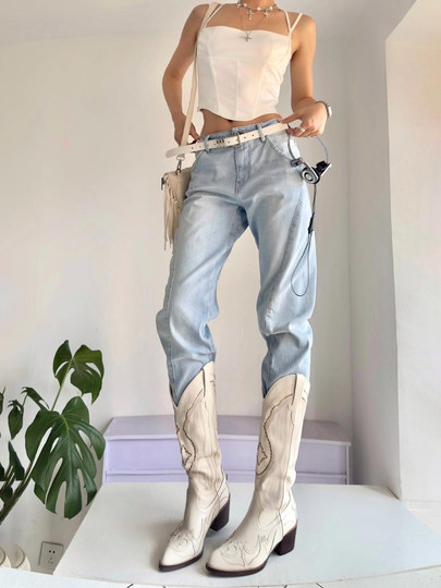 2026欧美新款复古刺绣西部牛仔靴白色真皮长筒靴百搭大码长靴女潮