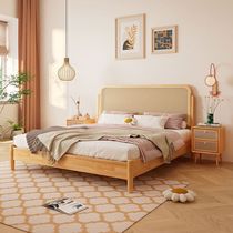 Rattan solid wood bed 1 8 meters modern simple wabi-sabi wind bed home Nordic retro log Japanese-style bed and breakfast rattan bed