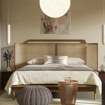 Wabi style solid wood rattan bed B&B home Nordic rattan bed retro 1 5m1 8m bed hotel master bedroom double bed