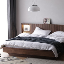 Black walnut log double bed Nordic simple Japanese tatami bed rattan solid wood bed with lights and suspended feel