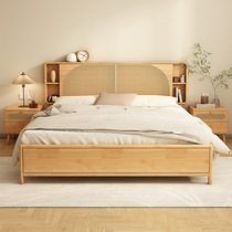 Rattan all solid wood bed log storage with night light bedside 1 5m retro 1m 8 double rattan furniture Nordic
