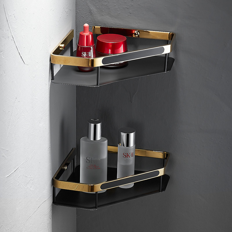 German Bathroom Wall-mounted Corner Rack Black Gold Double Shower Room Triangle Basket Full Copper Contained Bathroom Shelve