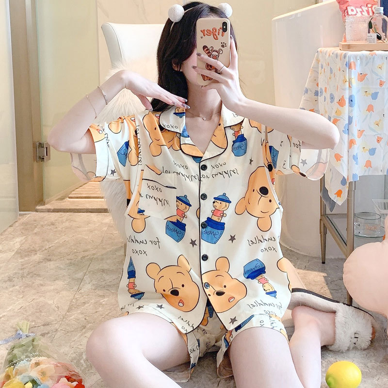 Ice Silk Cotton Short-Sleeved Maternity Pajamas, Summer Two-Piece Set, Thin Postpartum Nursing Clothes, Summer Wear for Breastfeeding Period, Home Wear