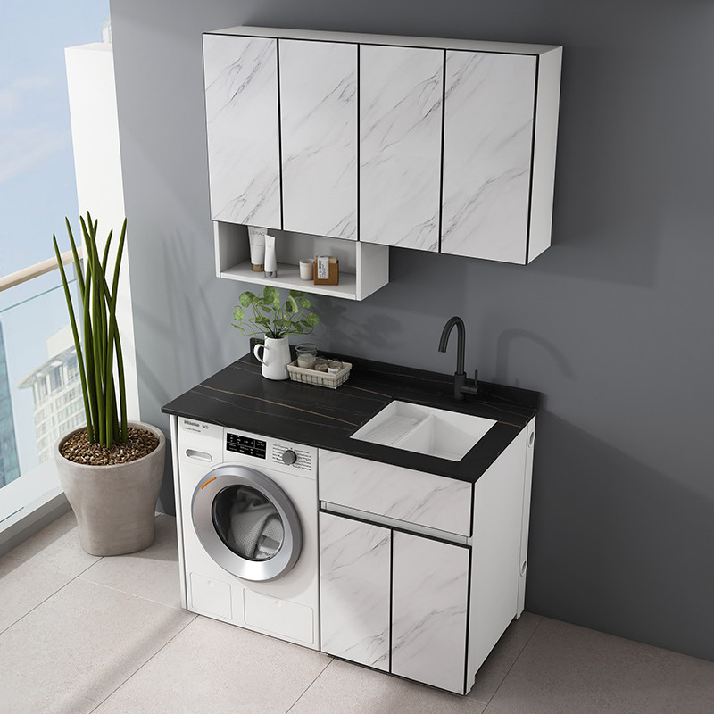 Balcony Space Aluminum Laundry Cabinet Washing Machine Companion Cabinet Combined Rock Plate Basin Integrated Cabinet With Washboard Laundry Basin Cabinet