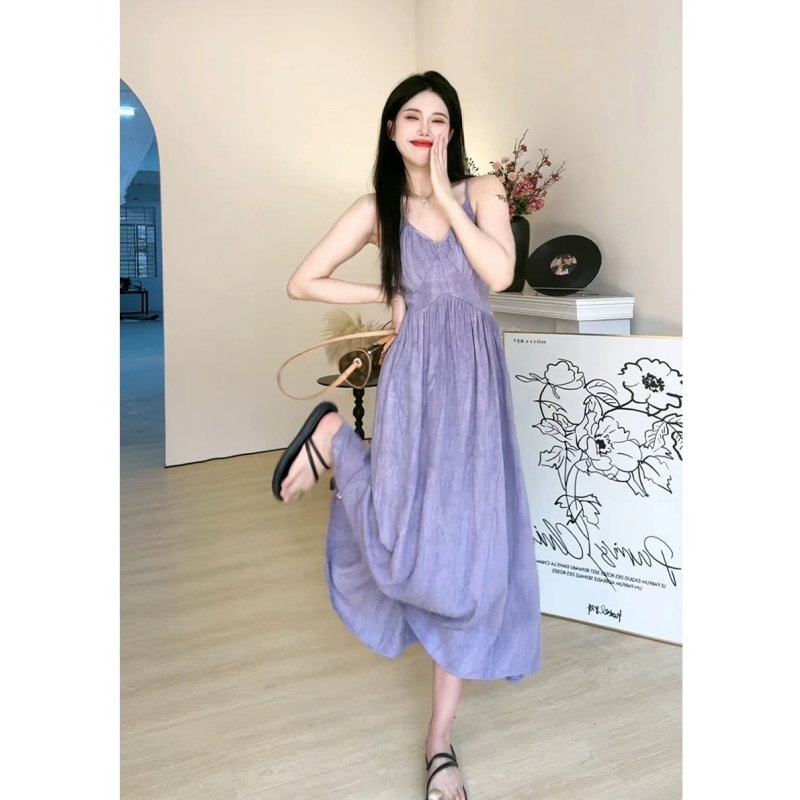 Vacation Style Purple Suspender Dress for Women, Summer Simple Style, Work Clothing Dress, Sleeveless, Elegant, French Style, White-Enhancing Long Dress