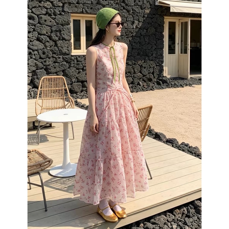 Vacation Style Pink Sleeveless Dress for Women, Beautiful A-Line Skirt for Summer, Waist-Cinching, Sweet and Gentle Style Tank Top Long Dress