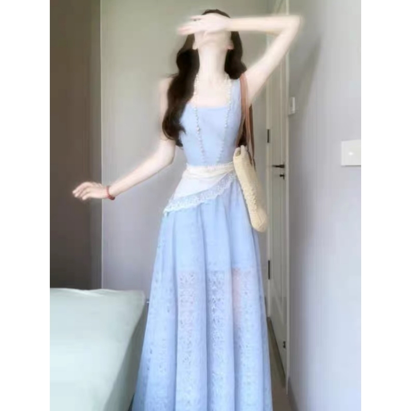 Gentle Sky Blue Suspender Dress for Women, Beautiful Summer Mini Dress, Holiday Style, Super Fairy Blue Suspender Long Dress