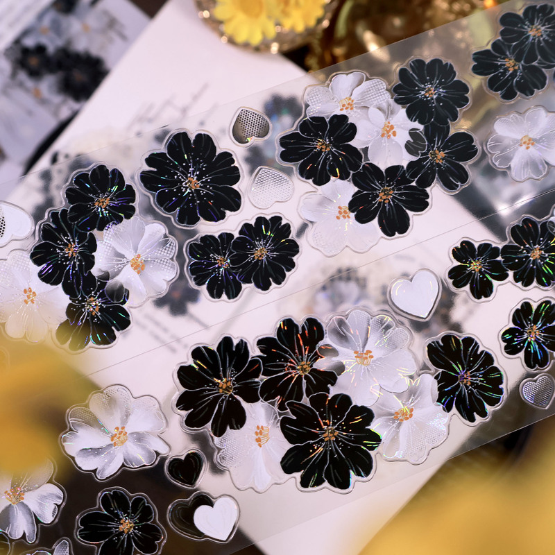 Floral Culture's New Product [Ink Edge Snow] Black and Transparent White Flower Pet Shell Light Gold Foil Journal Die-Cut Tape