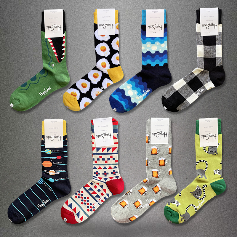 Happy Socks Socks Men's Mid-Calf Pure Cotton Spring & Fall Breathable Trendyy Outer Wear Diamond Sports Sweat-Absorbent ins Trendy