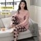 100% Cotton Pajamas for Women with Chest Pads, Spring, Autumn and Winter Pure Cotton Round Neck Long-Sleeved Cotton Home Wear Set That Can Be Worn Outside