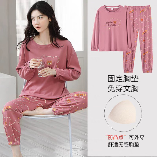 100% Cotton Pajamas for Women with Chest Pads, Spring, Autumn and Winter Pure Cotton Round Neck Long-Sleeved Cotton Home Wear Set That Can Be Worn Outside