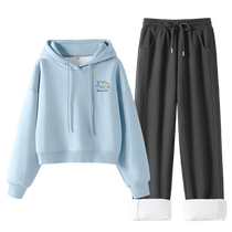 Pull back blue all-match casual sports suit 2024 new winter velvet hooded sweatshirt straight pants complete set YZ