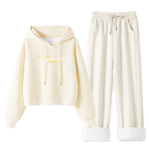 Pull back apricot all-match casual sports suit 2024 new winter warm hooded sweatshirt straight pants complete set YZ