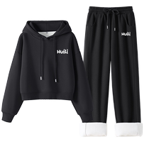 Pull back casual sports suit 2024 winter short hooded sweatshirt spliced ​​straight pants versatile two-piece set YZ