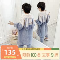 Childrens pajamas winter coral velvet middle-child boy suit thickened mens treasure flannel boy home clothes