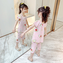 Girls  pajamas Summer thin short-sleeved suit Medium and large virgin girl cotton air conditioning clothes Loose childrens home clothes summer