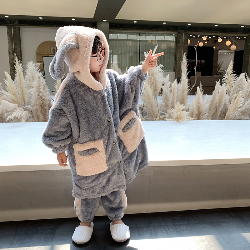 Children's pajamas autumn and winter flannel medium big boy little boy long version thickened coral fleece boy's home clothes winter