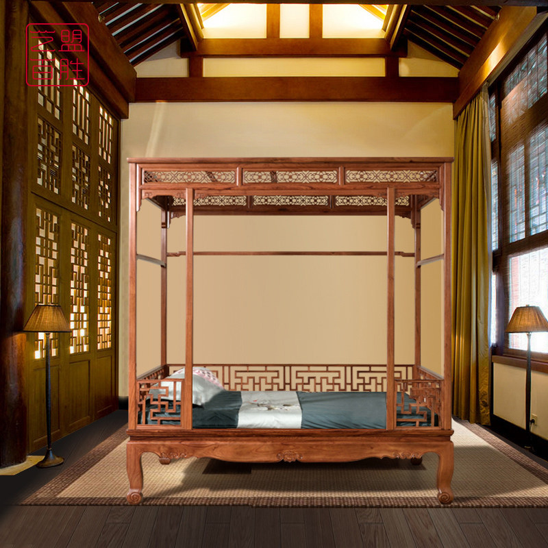 Art franchise Hundred Wins Red Wood Furniture Myanmar Acid Branches Rack Bed Double Man Bed Chinese Plus-size Bed Classical ten thousand Words with large size bed-Taobao