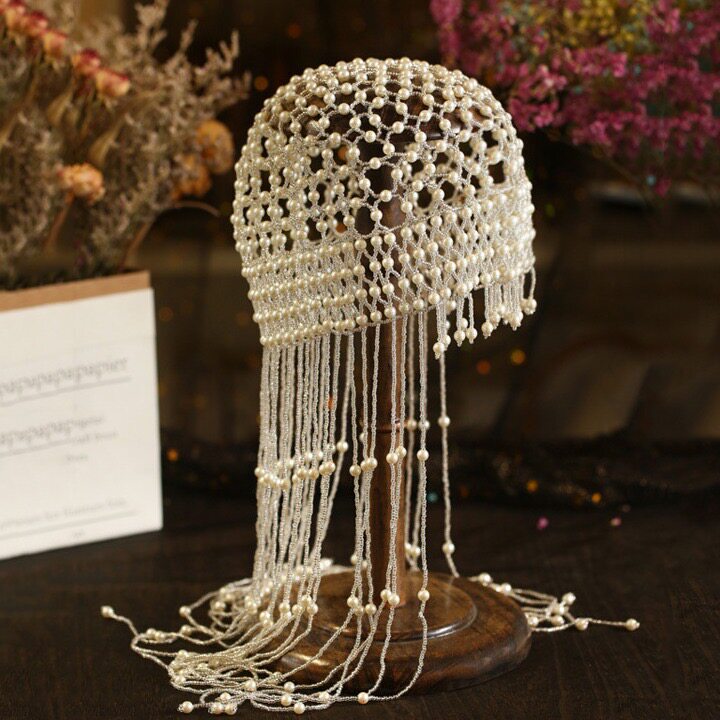 Cai Yilin Concert Headdress Tassel Hat Handmade Hollow Beaded Hat Stage Catwalk Bride Travel Photography Hair Accessory for Women Cai Yilin Concert Headdress Tassel Hat Handmade Hollow Beaded Hat Stage Catwalk Bride Travel Photography Hair Accessory for Women