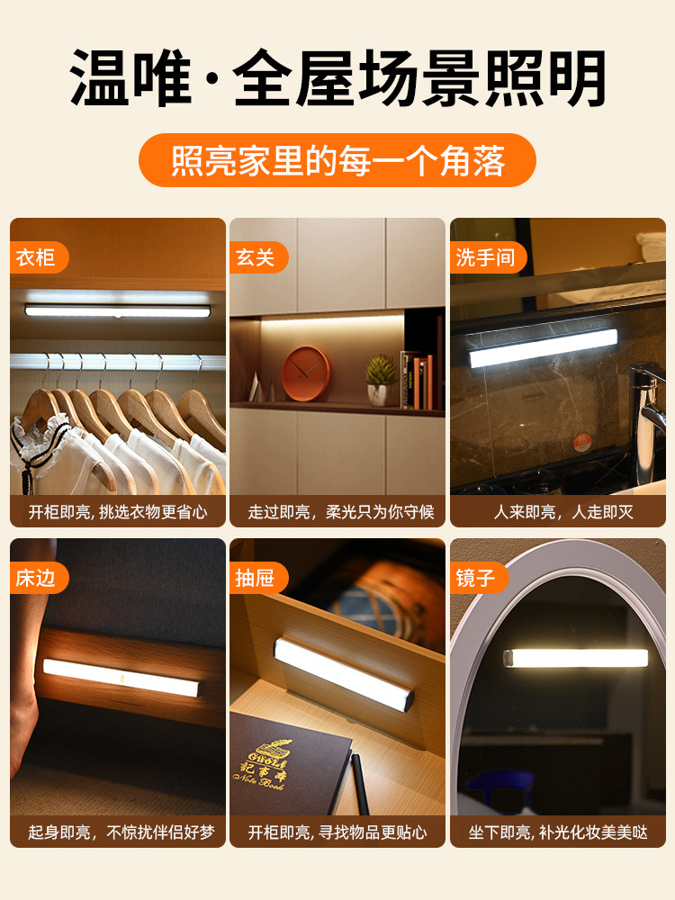 Intelligent Wireless Charging Human Body Sensor Night Light, No Wiring Required, Home Use, Night Corridor, Wardrobe, Cabinet Led Light Strip