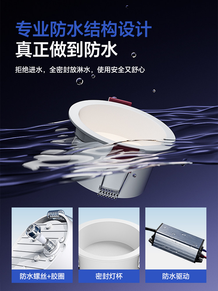 Ultra-Thin Narrow-Edge Embedded Waterproof Downlight for Outdoor Bathrooms, Moisture-Proof and Anti-Fog Led Ceiling Light