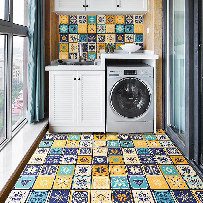 Retro Flower Brick Flooring Sticker tile Floor Waterproof Abrasion Resistant Balcony Make-up Room Bathroom decoration 3d Solid wall stickup self-adhesive