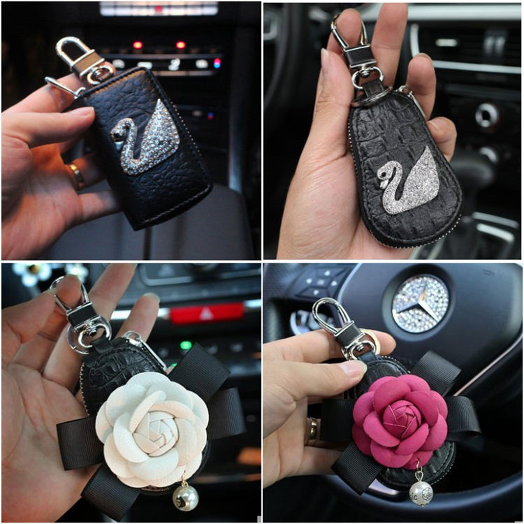 Swan Inlaid Drilling Car Key Bag Pearl Mountain Tea Flower Car Key Cover Remote Control Bag Car Interior Supplies Universal